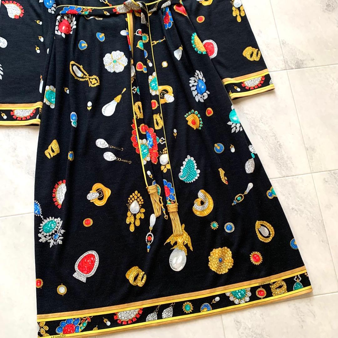 レオナール ベルト 膝丈ワンピース 宝石 ウールシルク 襟 トリム 金