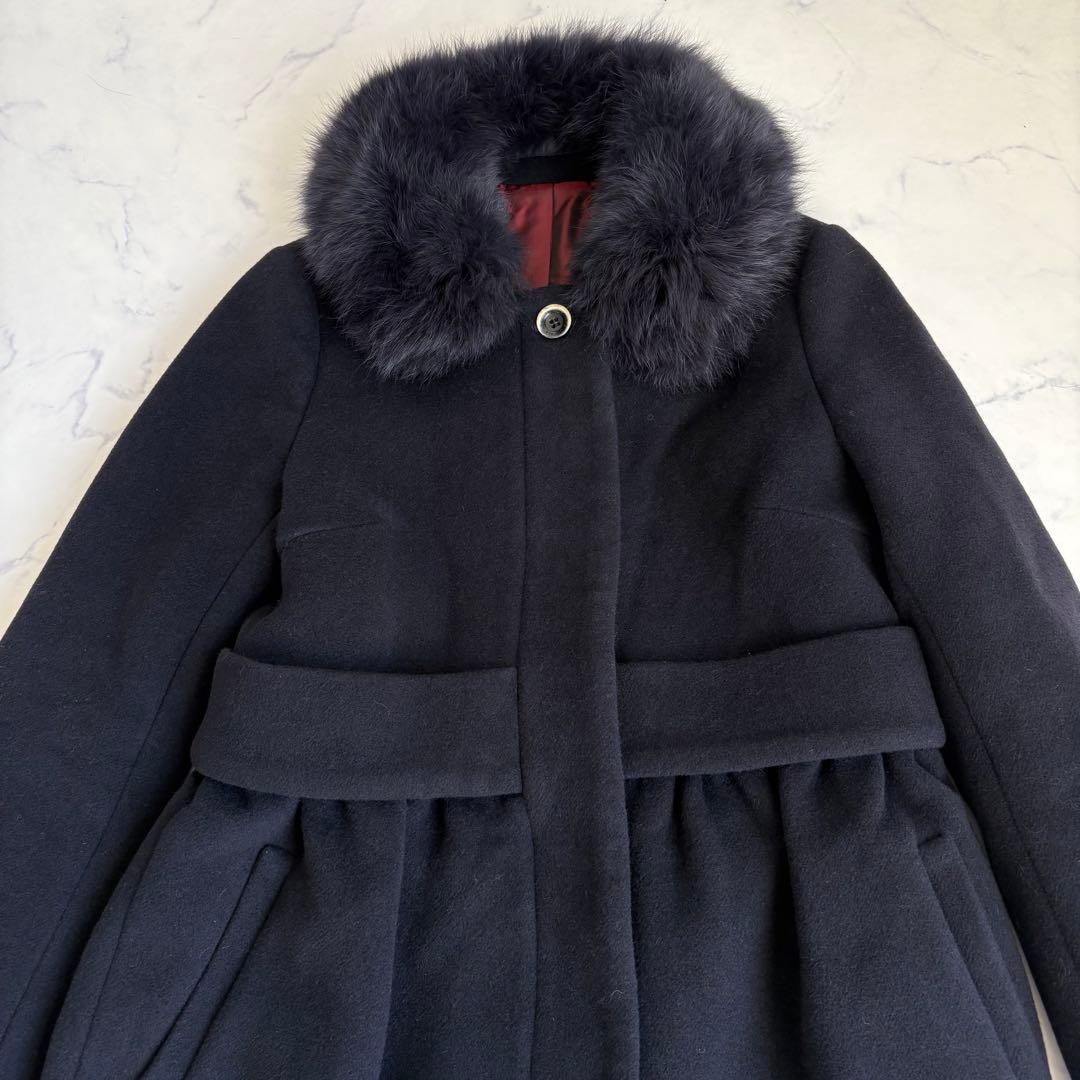 Sov. ソブ ブルーフォックスファー付 アンゴラロングコート 38 紺