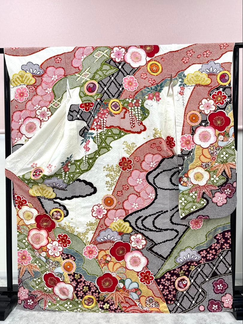 《美品》振袖　単品 A No.425 白地絞り　中振袖160〜170cm