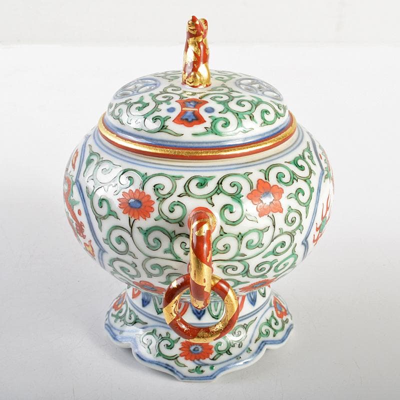 篩月庵 三浦竹泉造 赤絵金彩 花唐草龍文 双耳遊環香炉 共布共箱 J