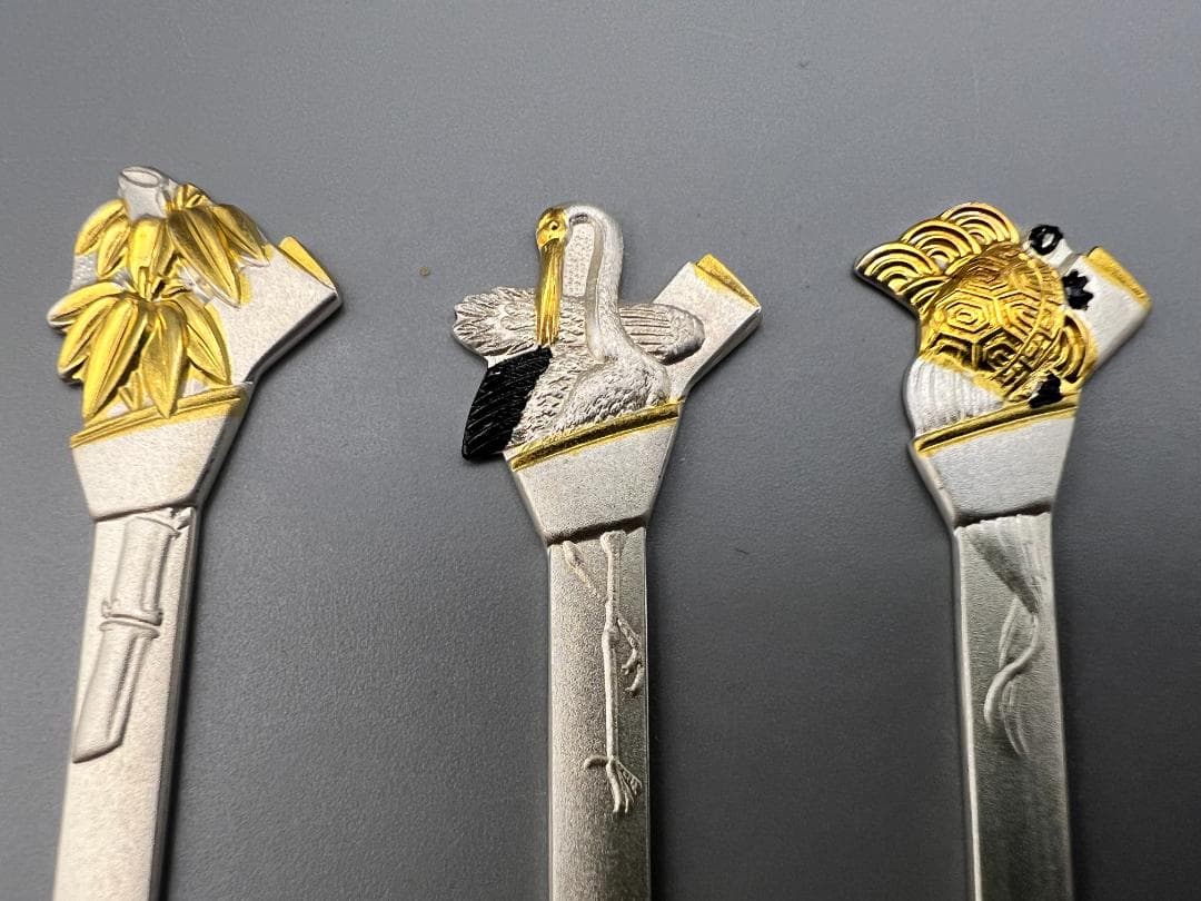 SILVER925 刻印 銀製 菓子楊枝 5本セット 鶴と亀 梅と竹 重量29g
