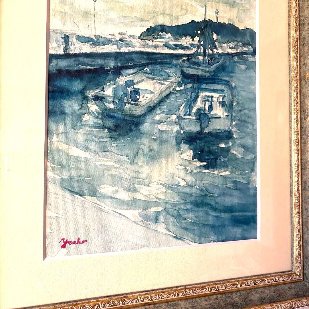 水彩画 F4 額、額装付き 湘南海岸ボートと港の風景 遠くに江ノ島