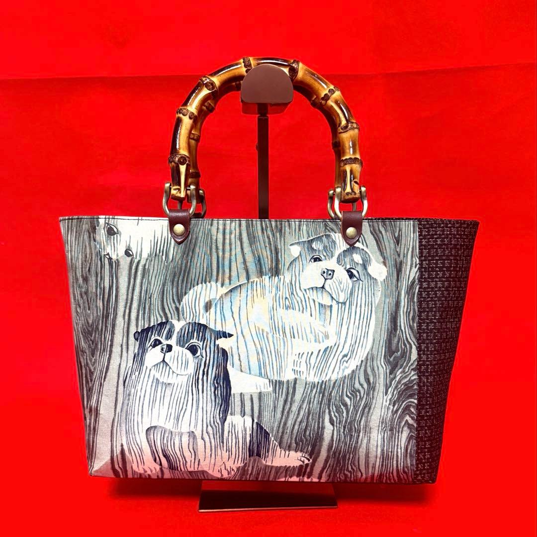 アンティーク 犬と紬】バンブーバッグ アンティーク着物 リメイクバッグ