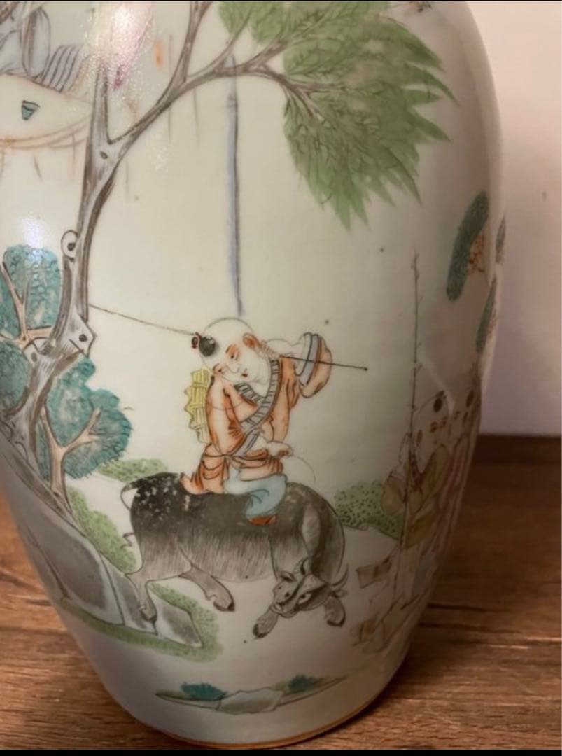 中国古美術 清末民国時代 豆青釉浅降彩大花瓶42cm 漁樵耕読 - メルカリ