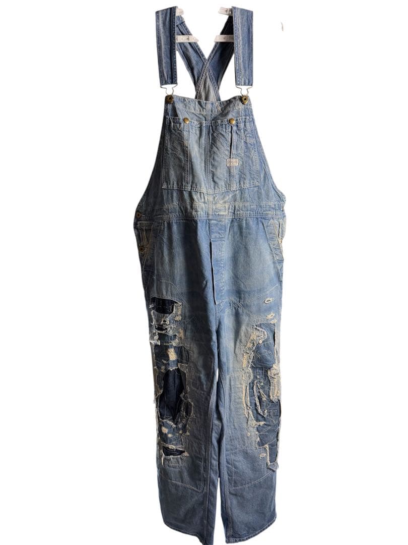 RRL ダブルアールエル ライトブルー ダメージ加工 デニムオーバーオール 新着【RRL Ralph Lauren】日本製デニム 激リペア オーバーオール (RRL