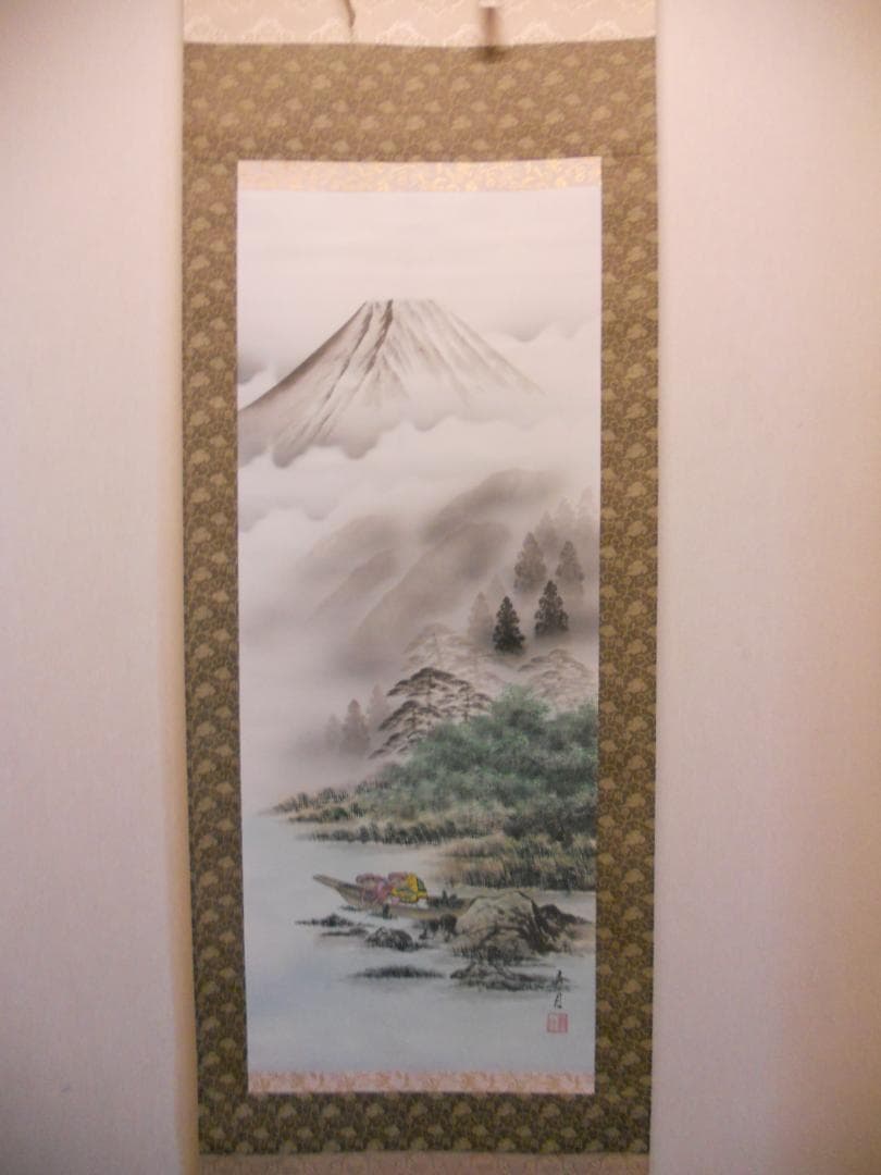 掛け軸 秀月 藻刈山水図 絹本 希少 軸装 茶道具 掛軸 美品 です。