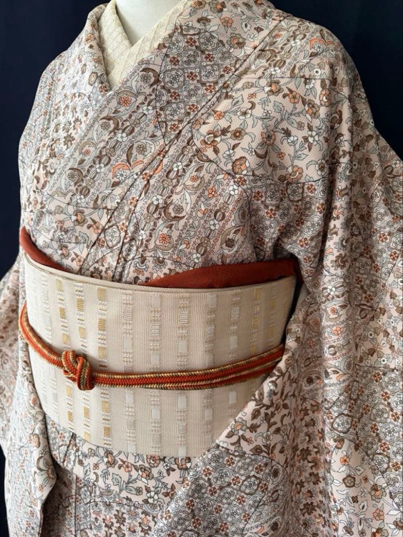 更紗小紋】更紗切り嵌め 細かな彫りの柄 洋草花菱文 しつけ付き 身丈