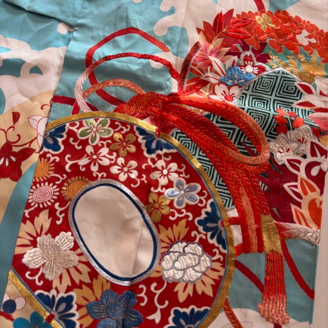 □E5787□アンティーク□正絹□水色 宝尽し柄 袷 小振袖□丈163 裄66