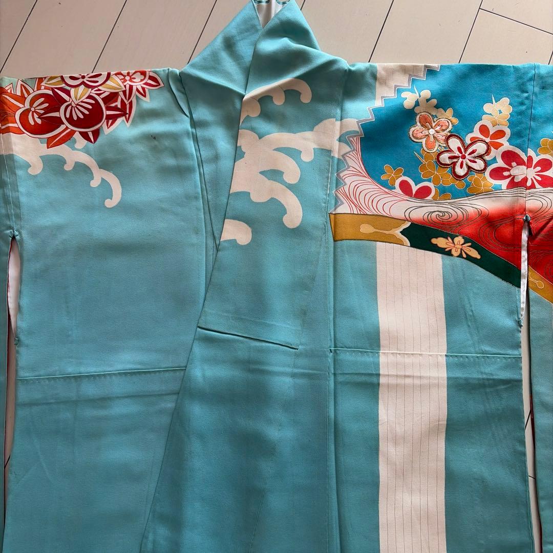 □E5787□アンティーク□正絹□水色 宝尽し柄 袷 小振袖□丈163 裄66