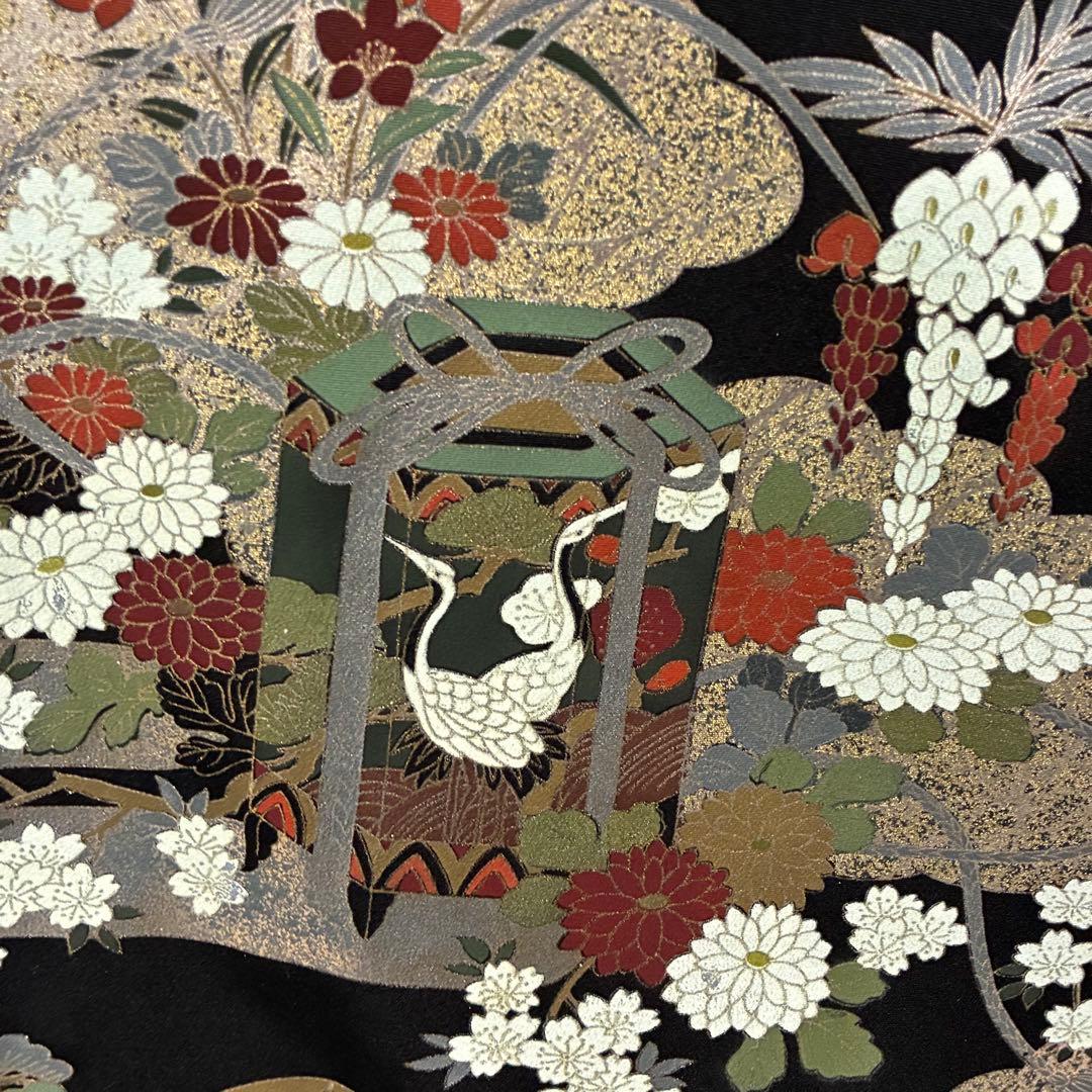 D126 黒留袖 金駒刺繍 鶴 花模様 正絹 着物 袷 しつけ糸付き未使用極美