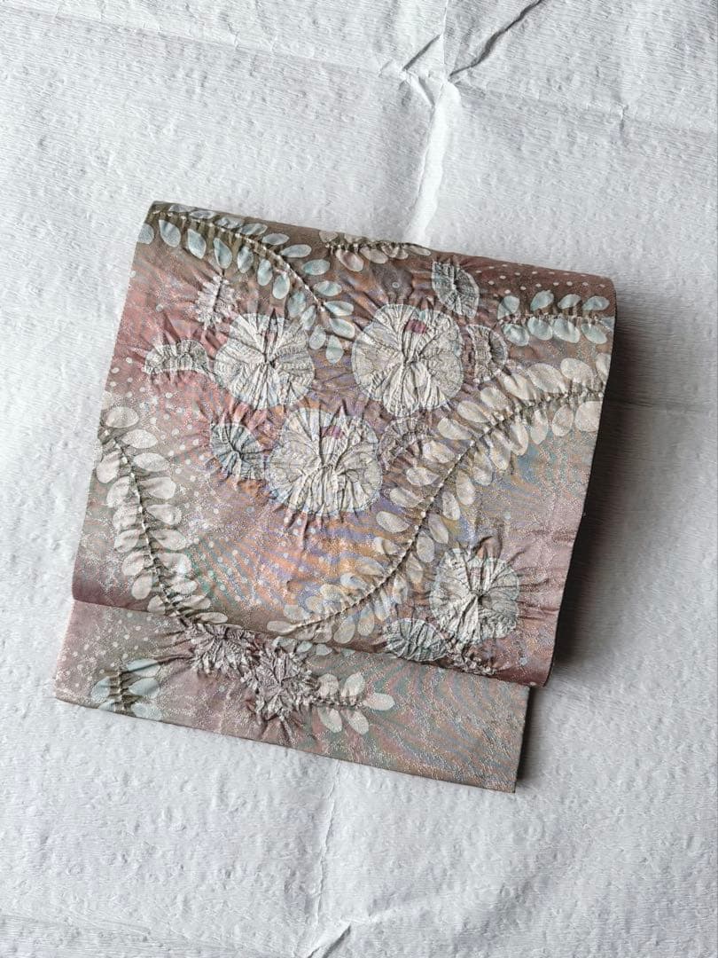 正絹 袋帯 六通柄 辻ヶ花 作家物 引箔 ペールピンク