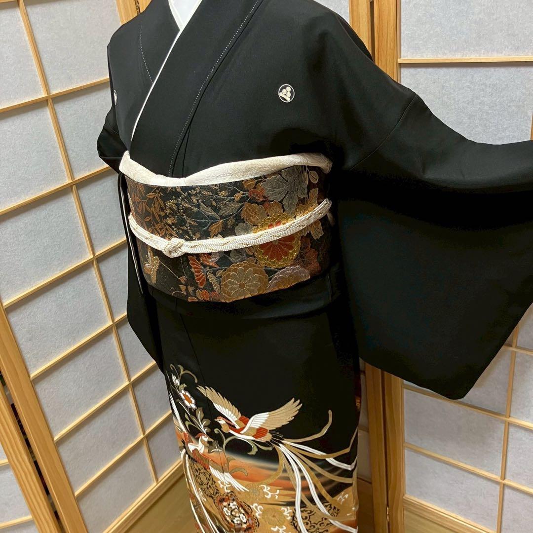 6431］黒留袖 美品 鳳凰花 落款有 比翼付 五つ紋 渡辺星 正絹 着物 袷