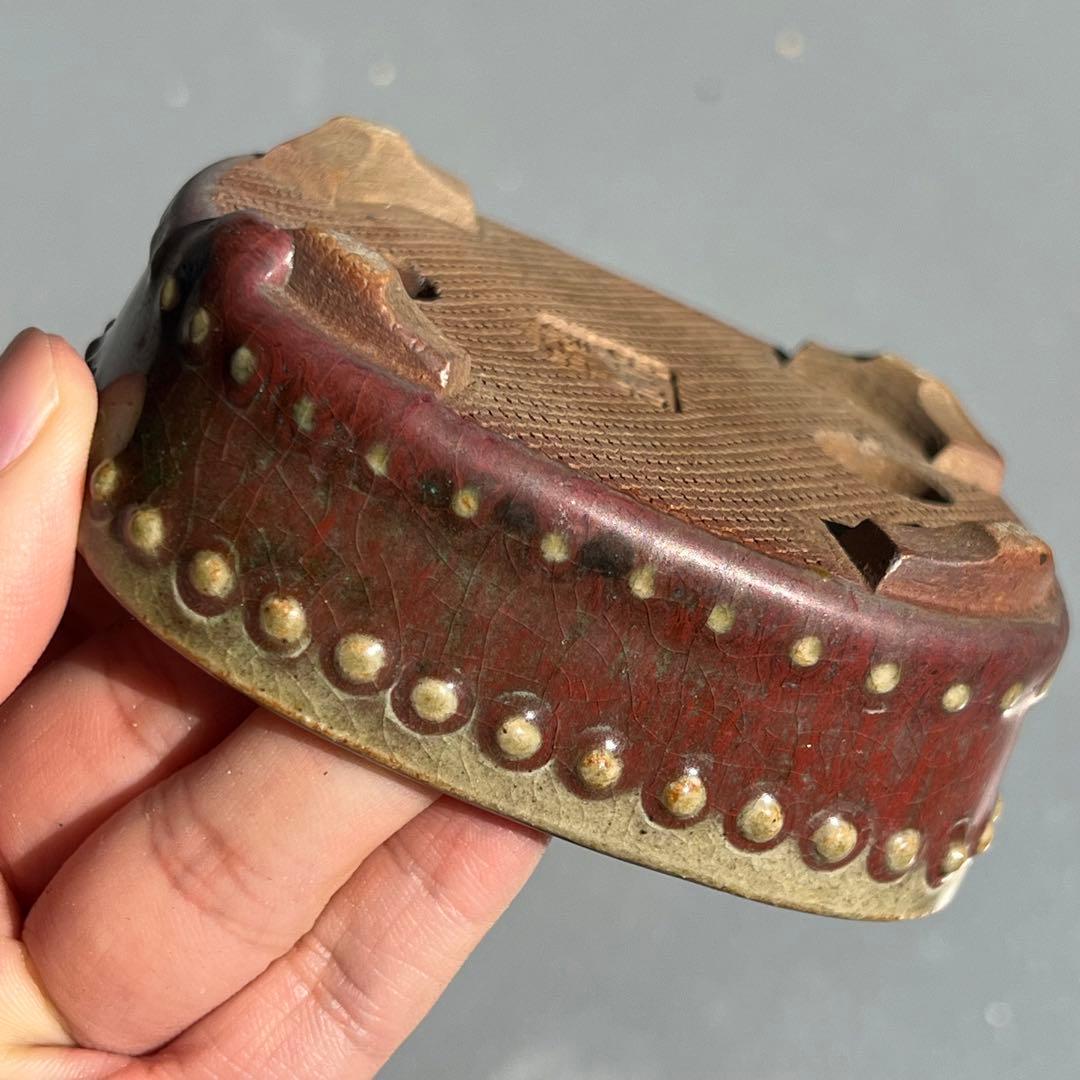 730.平安虹泉 辰砂釉鼓釘抚角長方 盆栽鉢 植木鉢 9.4*8.1*3.6cm