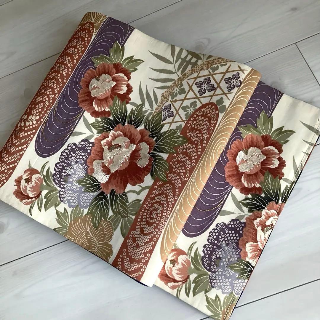 アンティーク京袋帯 しつけ糸付 アイボリー 牡丹・金駒刺繍 正絹 N1-25