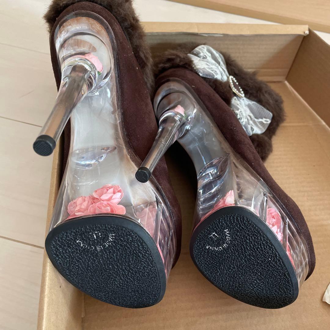 新品未使用 夢展望 ブラウン ファー リボン ショートブーツ 靴 当時物