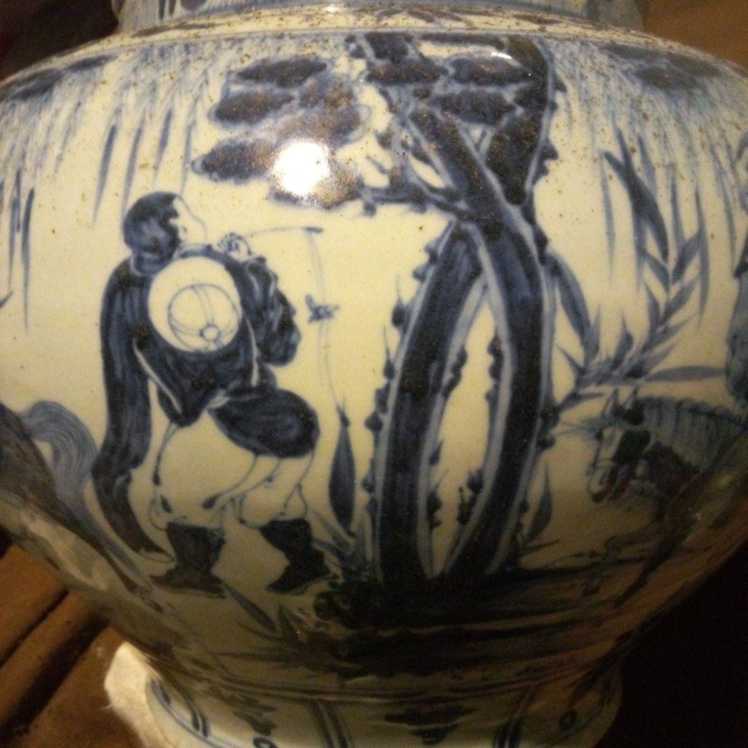 中国陶磁器 元染付 青白磁の陶器 壺 狩猟デザインの通販はau PAY