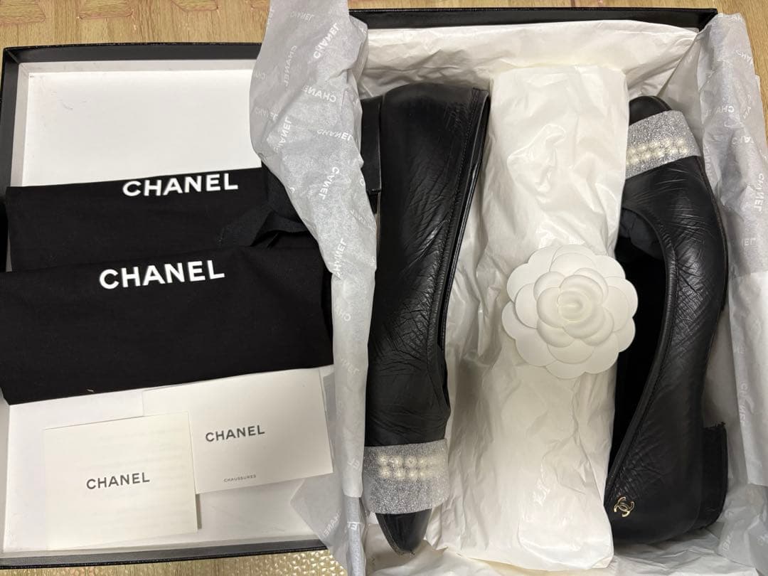 シャネル　パール付きバレエシューズ　パンプス　38 24.5cm ブラック定番