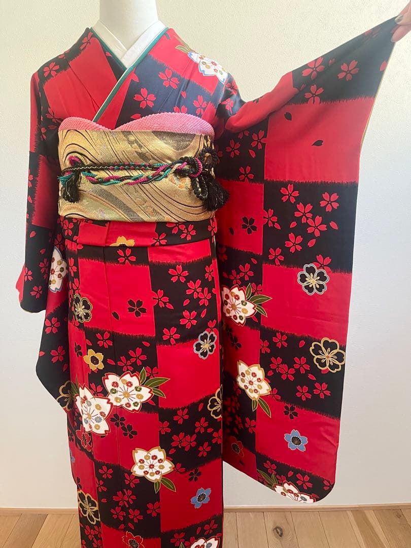S*様 振袖　振袖フルセット　着物　市松　桜　金彩　美品 オレンジ市松に桜[FS0899] | 成人式振袖レンタル京都さがの館