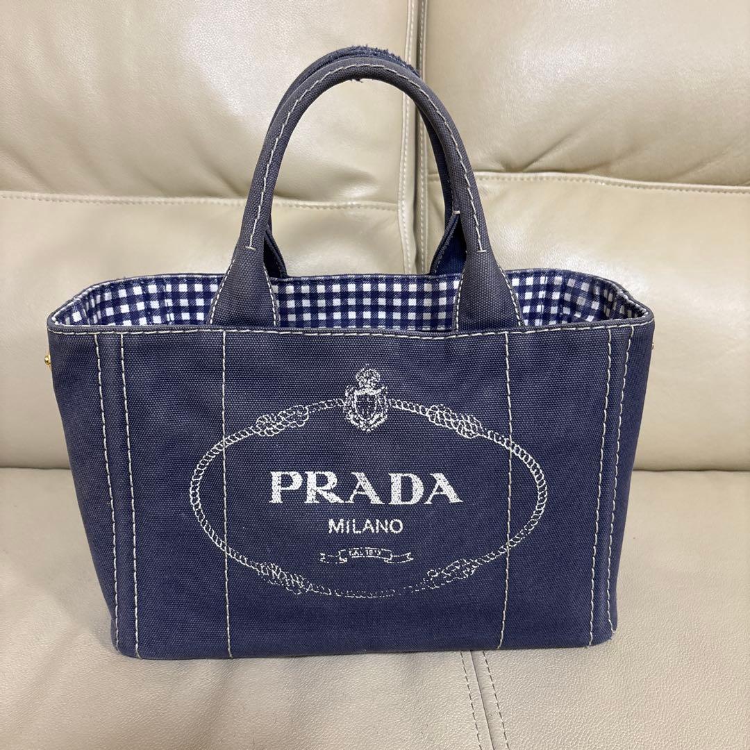 値下げプラダギンガムチェックカナパストラップ無し - メルカリ