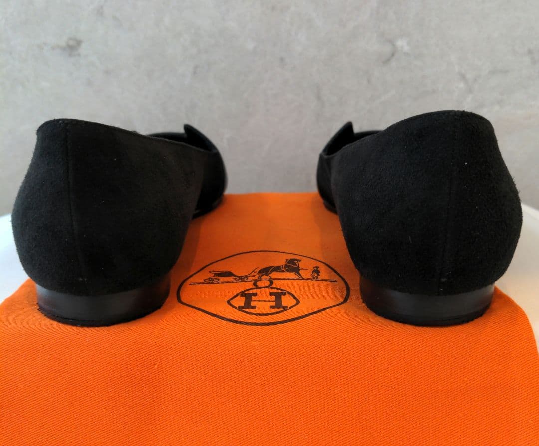 ☆HERMES☆Hロゴの牛革とバックスキン異素材のフラットシューズ黒 362