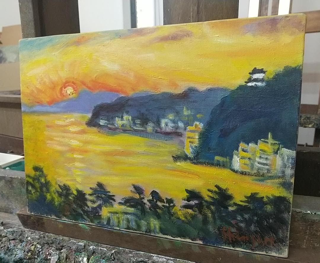 絵画「朝しずか」熱海 真作 F4 1984 油絵 油彩画 風景画 アート
