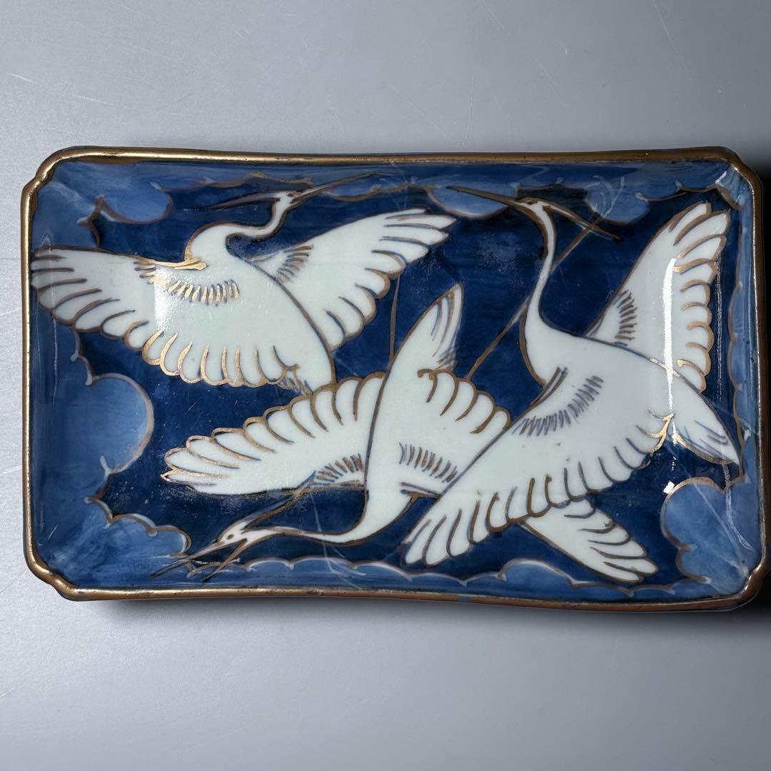 幕末明治期 染錦白鷺文様長皿 五客 古陶を楽しむ アンティーク