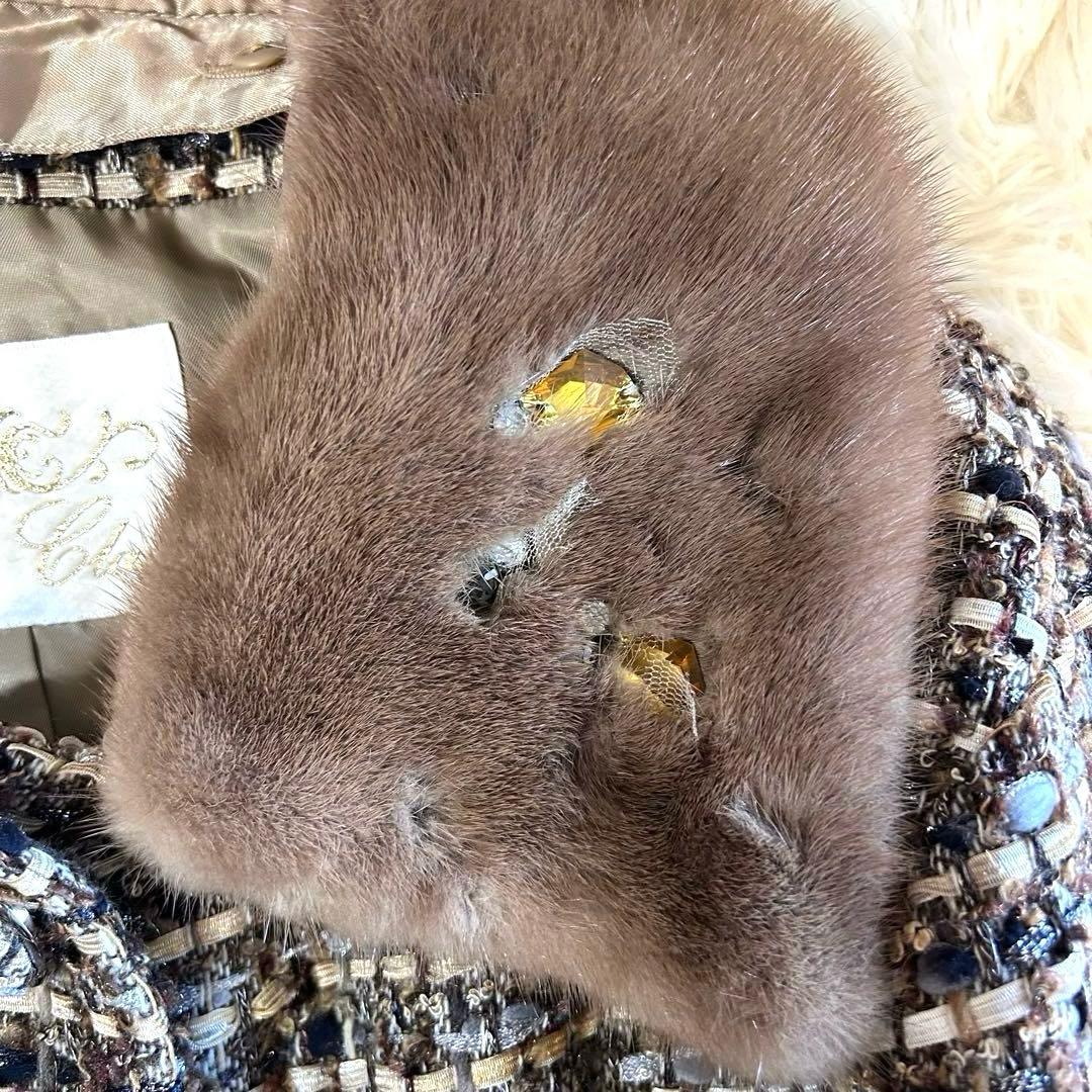 美品】グレースクラス ビジュー付ミンクファー ツイードノーカラー