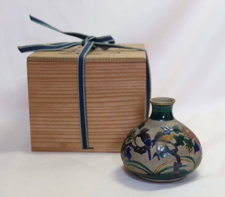 明治期　九谷焼　青手花生　アンティーク　共箱0806 明治期 九谷焼 青手花生 アンティーク 共箱0806 明治期 九谷焼 青手