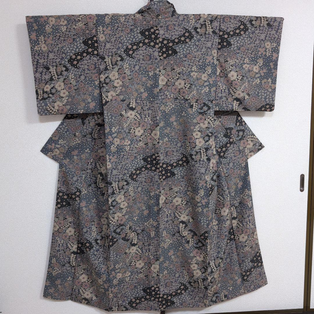 三花】美品 洗える着物 辻ヶ花 グレー 鼠 袷 リサイクル リユース