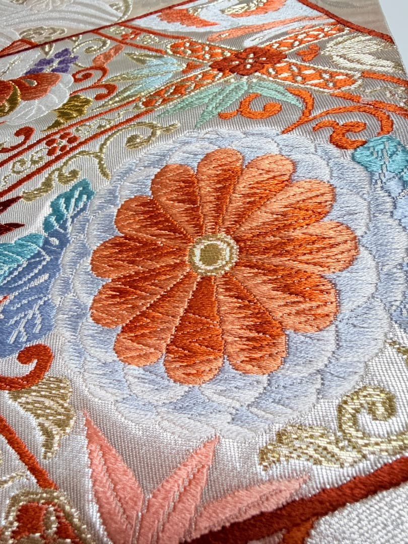 高級 袋帯 正絹 六通柄 香織袋帯 シルバー ホワイト 唐織 かるた遊び