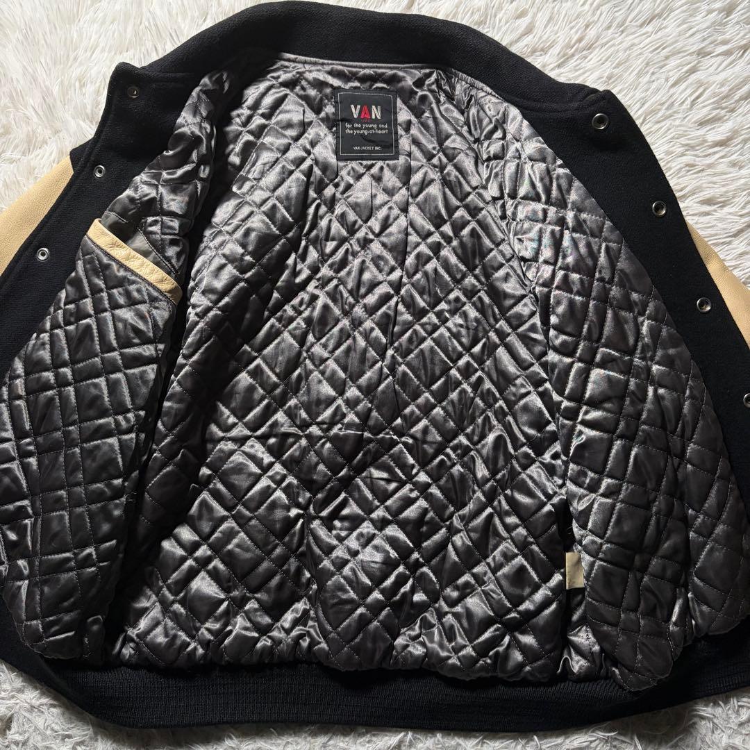希少□VAN JACKET スタジャン 袖レザー アーチロゴ ネイビー M - メルカリ