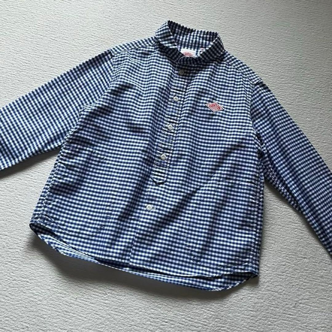 美品 DANTON ギンガムチェック 丸襟 ラウンドカラー シャツ M ブルー