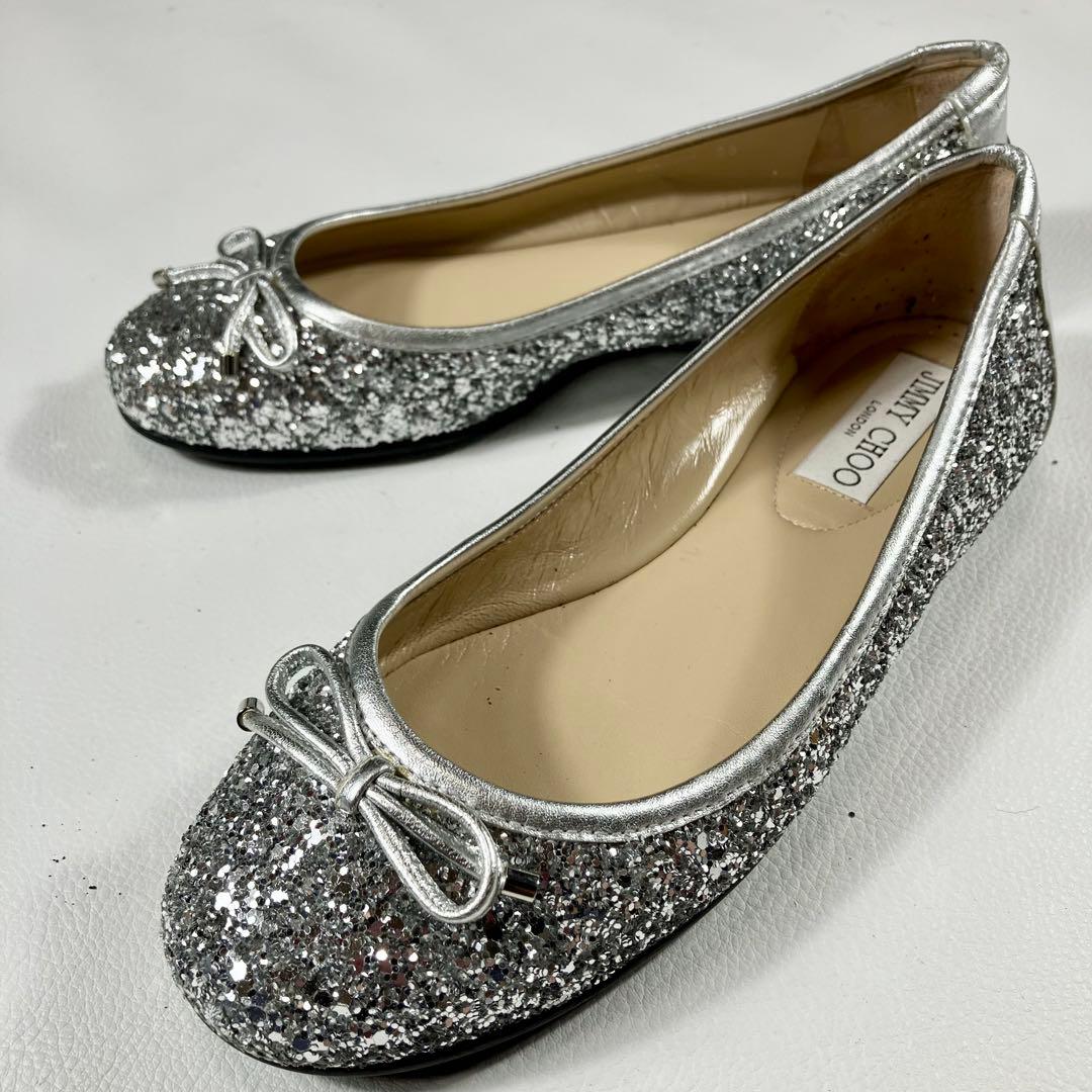 極美品✨ジミーチュー　シルバー　フラット バレエシューズ　リボン　22.5cm