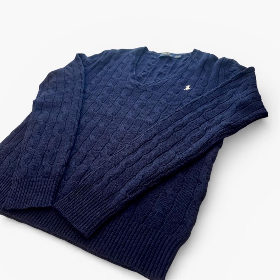 美品】ポロラルフローレン カシミヤ混 ケーブルニット Vネック 濃紺 S
