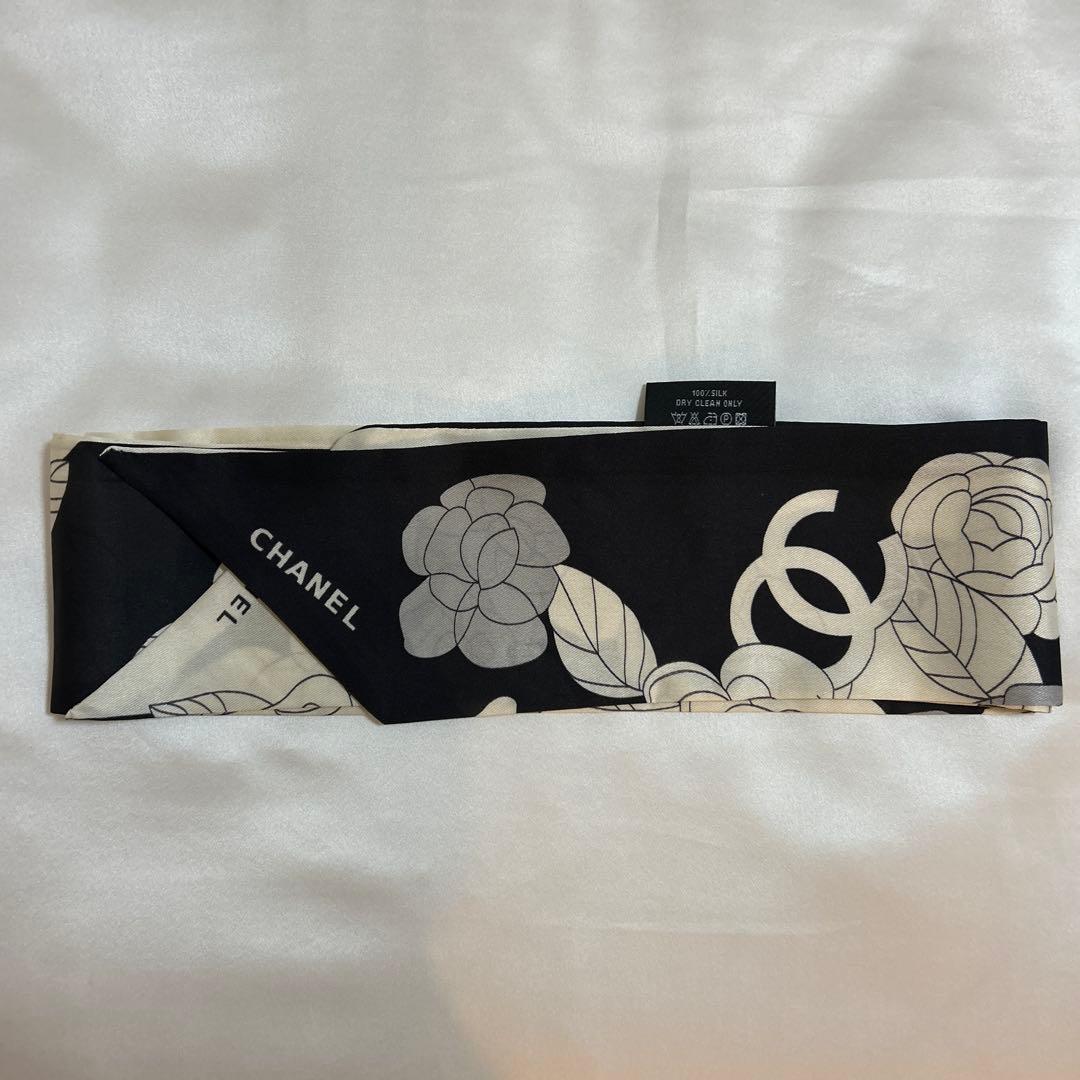 CHANELモチーフ リボンスカーフ 細スカーフ アイボリー ブラック
