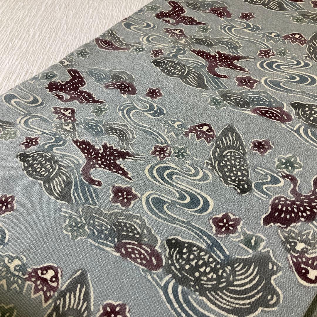 名古屋帯 縮緬 型染め うすずみ色系 垂れ無地 亀 鶴？ 流水 花 - メルカリ