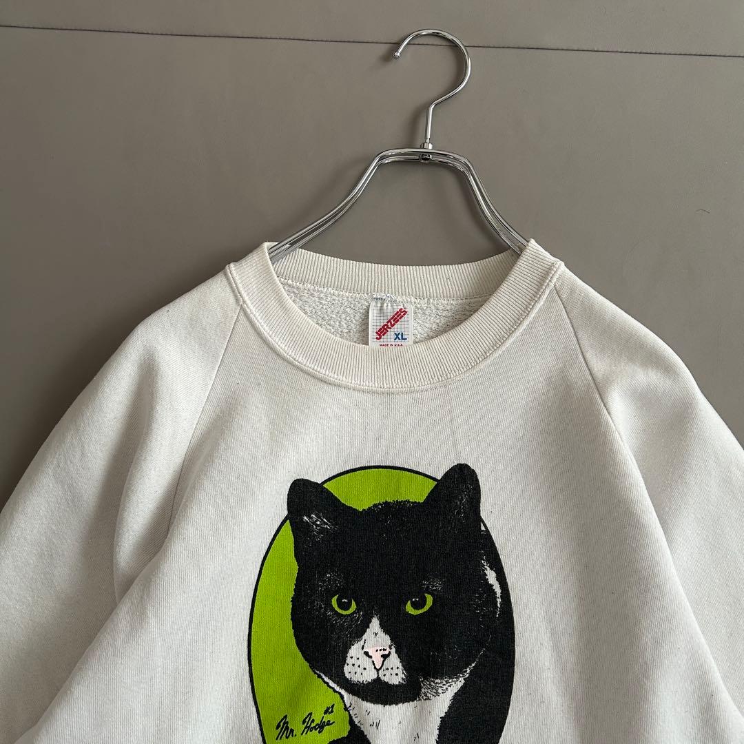 80s JERZEES USA製 黒猫 アニマルプリント ラグランスウェット - メルカリ