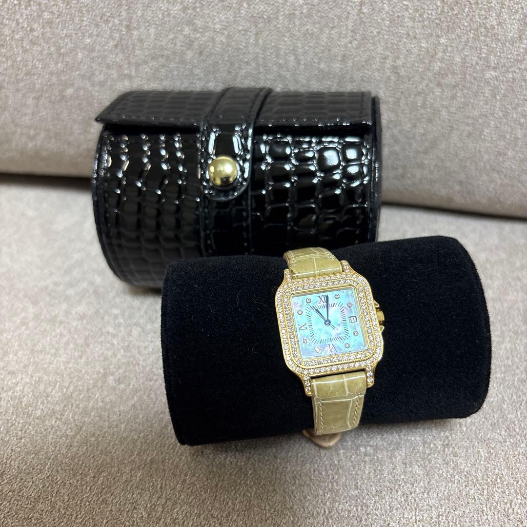 週末お値下げ】ゴールド角型ダイヤモンド装飾時計 約1ctクロコダイルベルト