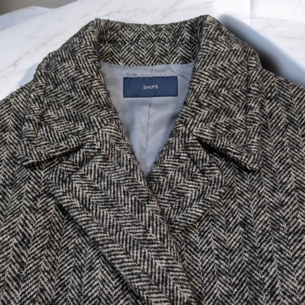 SHIPS ダブルブレスト ツイードコート ヘリンボーン コクーン