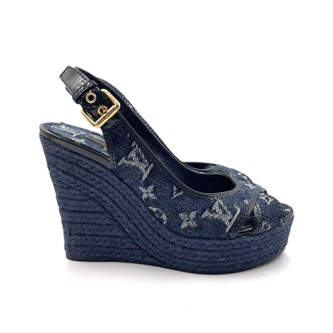 《未使用品》ルイヴィトン デニム 厚底 ストラップ サンダル モノグラム 紺系