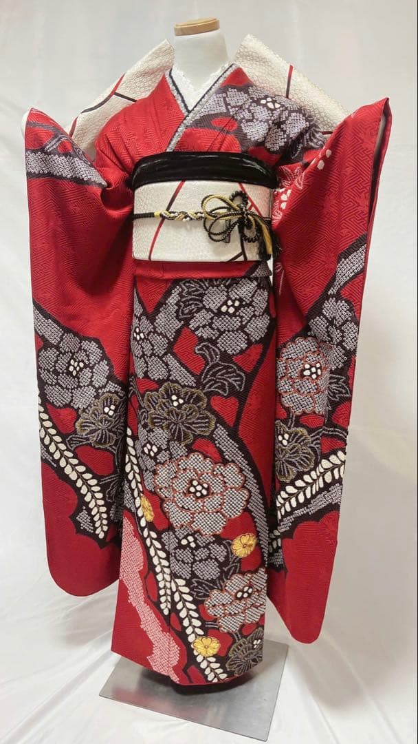 牡丹 絞り 金彩 紫 正絹 振袖 成人式 振袖6点セット 振袖フルセット QR