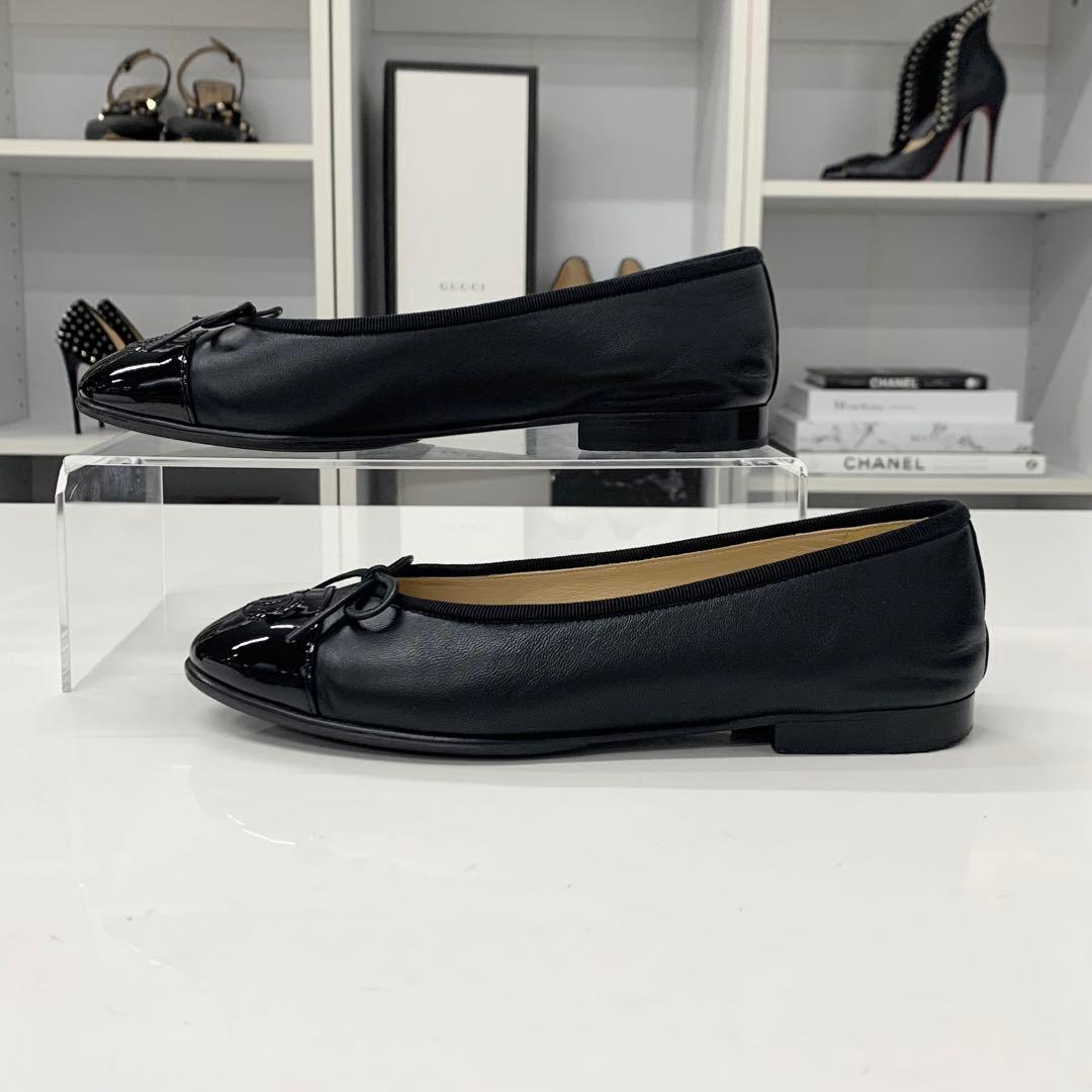 シャネル ココマーク レザー パテント リボン フラットシューズ