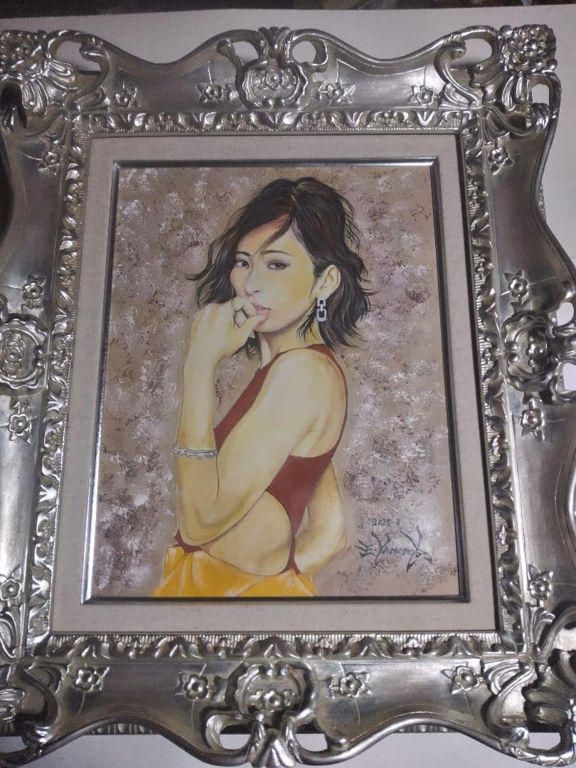 絵画、美人画、油彩6F、山本英二、瞳の先M真作、肉筆高級額縁、高塚省吾、森本草介