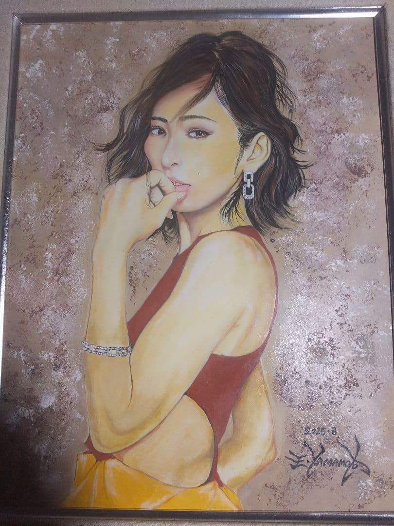 絵画、美人画、油彩6F、山本英二、瞳の先M真作、肉筆高級額縁、高塚省吾、森本草介