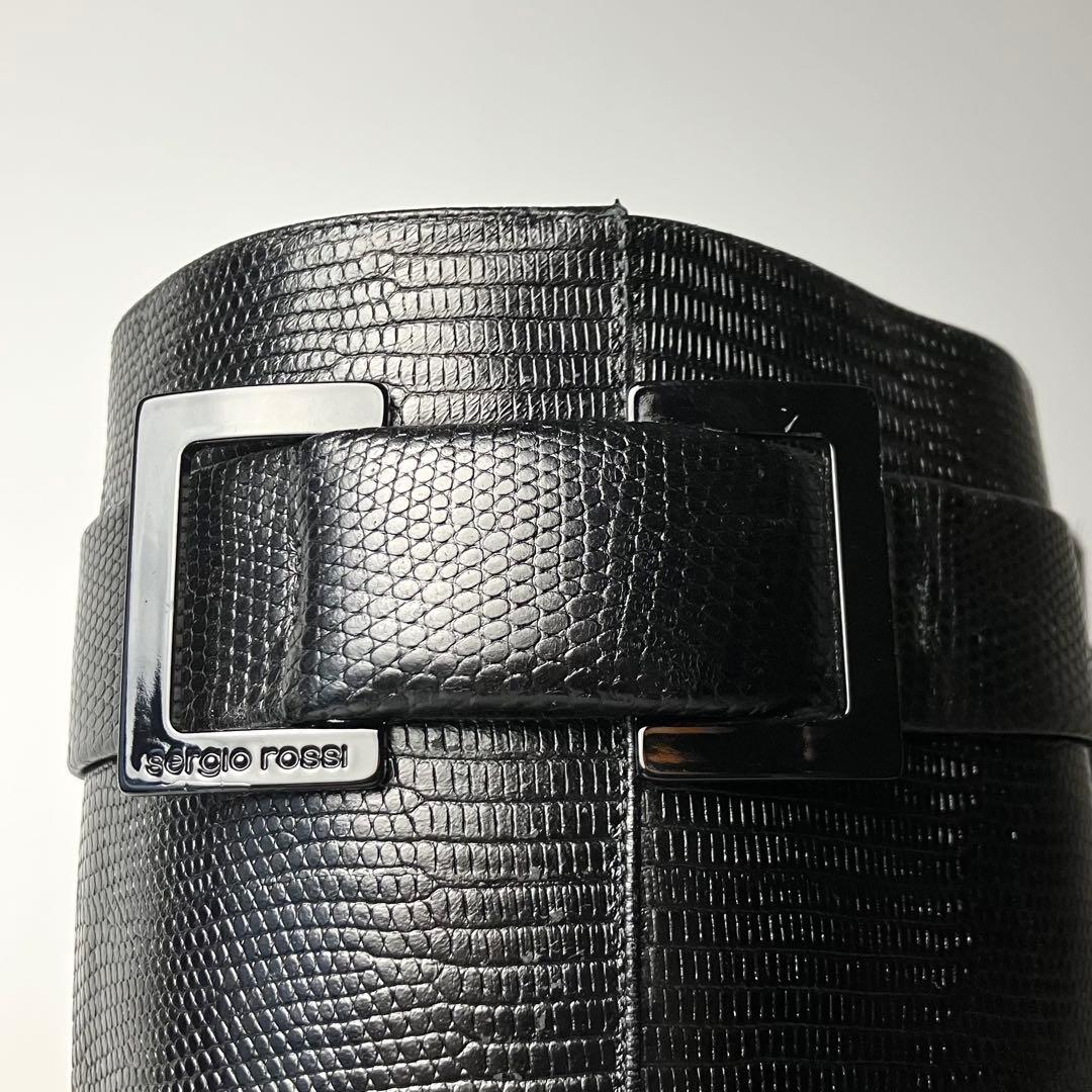 美品】セルジオロッシ リザードロングブーツ ブラックバックル 黒22.5