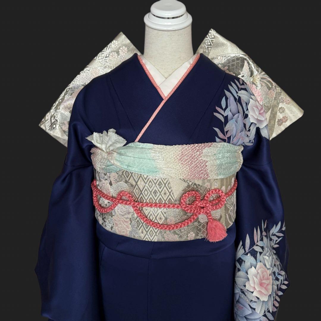 振袖フルセット トールサイズ 正絹長襦袢つき 紺色 成人式 159〜169