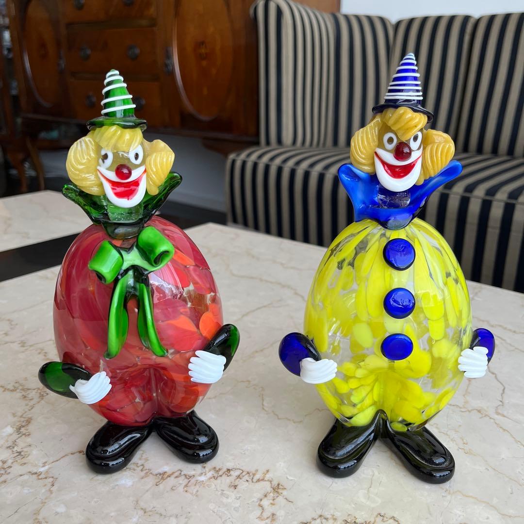 イタリア MURANO ベネチアンガラス ムラノガラス ピエロ置物2体セット