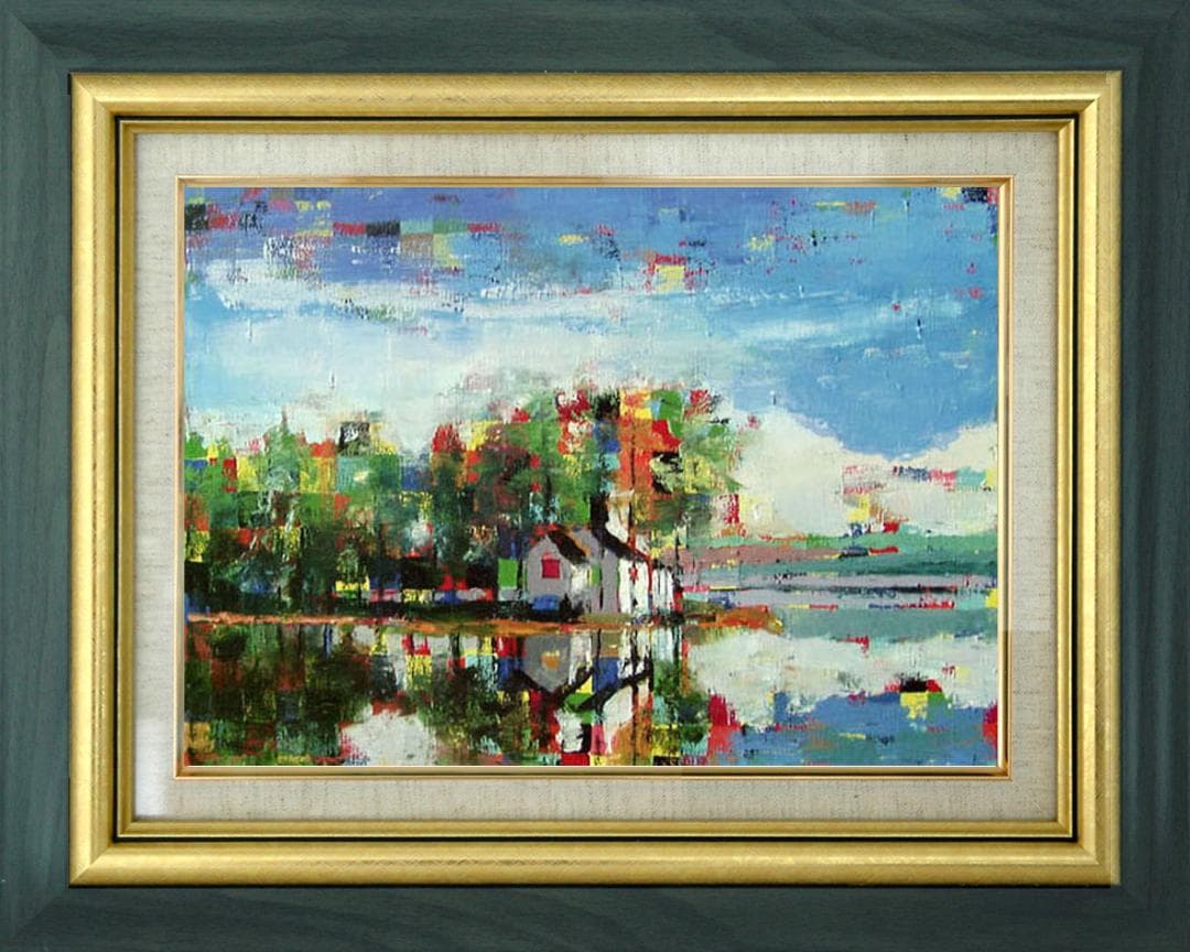 油絵 菅家令子 絵画インテリア額付(青緑＋金色の枠) uF6-062403 風景 油絵 菅家令子 絵 絵画インテリア 額付(青緑＋金色の枠)uF6-113302花