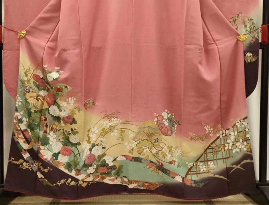 振袖 フルセット6点サイズS〜M 駒刺繍 扇面鳳凰花車文 暈し染め 金彩