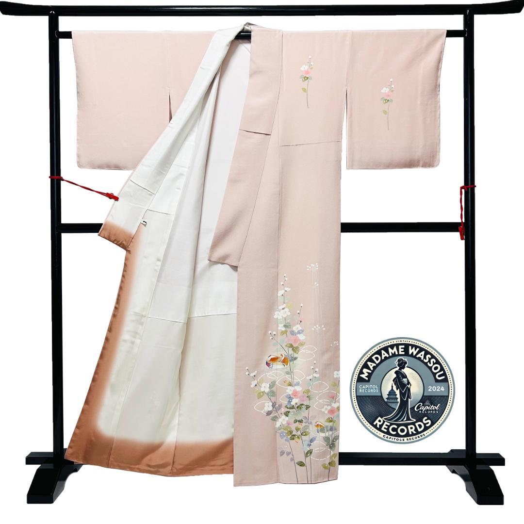 訪問着 着物 裄丈65 正絹 加賀友禅染 未使用 ピンクベージュ M寸 MWR